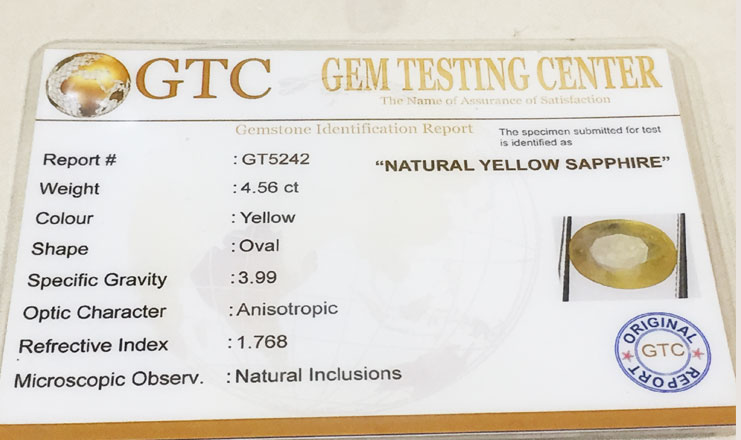 4.56 ct/5.06 ratti Natural Certified Bangkok Pukhraj/Yellow Sapphire